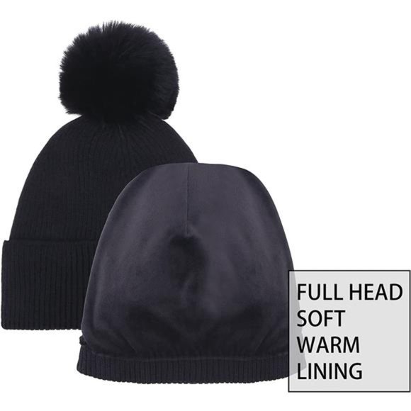 Kids Pom Pom Beanie Boys Girls Faux Fur Ball Warm Lined Knit Kids Winter Hat Set